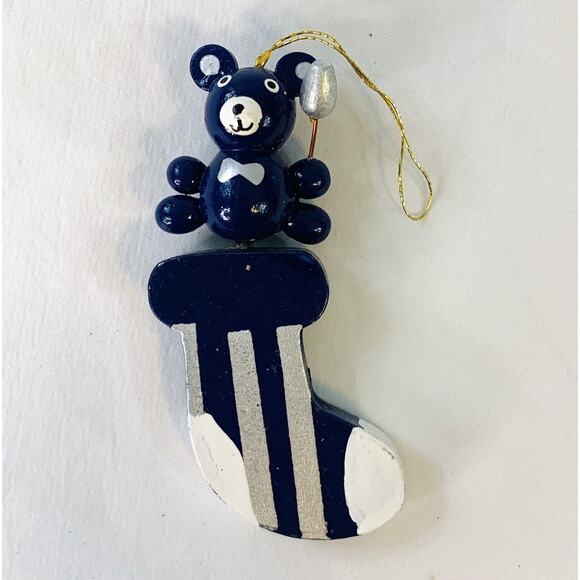 Vintage Lot of 6 Folk Art Wooden Blue Silver White Christmas Ornaments - Picture 2 of 7